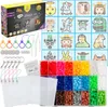 A flat lay of a bead set with various components and a display of completed bead art. Produktbild-Vorschau