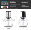 Two views of an electric food chopper with dimensions and feature list. Produktbild-Vorschau
