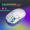 A white gaming mouse with a graphic design on a gradient background. Produktbild-Vorschau