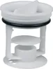A close-up studio shot of a white washing machine drain pump filter insert. Produktbild-Vorschau