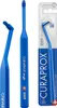 A collage of three images showing a blue interdental brush and its packaging. Produktbild-Vorschau