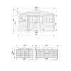 Technical drawings of a wooden garden shed with dimensions and different views. Anteprima dell’immagine prodotto