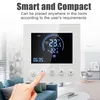 A smart thermostat is shown in a living room setting, with a hand interacting with its buttons. Voir les images du produit