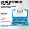 A blue plastic case containing a valve spring compressor tool set, with labels and diagrams explaining the components. Anteprima dell’immagine prodotto