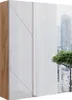 A modern cabinet with a wood-grain side and white high-gloss fronts, next to a window with a city view and sheer curtains. Náhled obrázku produktu