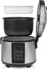A digital rice cooker and steamer with its lid open, showing the inner pot and steamer basket. Produktbild-Vorschau