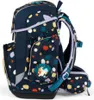 A navy blue backpack with a colorful polka dot pattern and a unicorn patch. Voir les images du produit