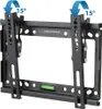 A black metal TV wall mount is shown against a white background. Blue arrows indicate a 15-degree tilt adjustment on the top of the mount. Podgląd zdjęcia produktu