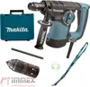 A collection of tools and accessories for a Makita rotary hammer, including the tool itself, a case, a chuck, and a lanyard. Podgląd zdjęcia produktu