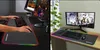 Two images of a gaming setup with a large RGB mousepad, keyboard, and monitor. Produktbild-Vorschau