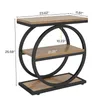 A 3-tier side table with a round metal frame and wooden shelves, shown with dimensions indicated. Anteprima dell’immagine prodotto