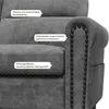 A close-up view of a gray sofa, highlighting its features with text overlays. Produktbild-Vorschau