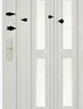 A white folding door with glass panels and a door handle. Black arrows point to different areas of the door. Podgląd zdjęcia produktu