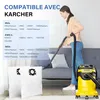 A woman is using a yellow Karcher vacuum cleaner in a living room setting. Two white vacuum bags are in the foreground. Produktbild-Vorschau