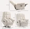 Multiple views of a beige recliner chair with dimensions indicated by text and lines. Produktbild-Vorschau