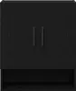 A front view of a black wooden cabinet with two doors and an open shelf below. Voir les images du produit