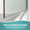 Close-up of a shower door seal and the edge of a shower tray, with marketing text overlay. Anteprima dell’immagine prodotto