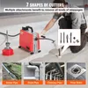 A person is using a pipe cleaning machine with various attachments, and the image is divided into four sections showing different pipe types. Náhled obrázku produktu