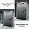 Collage of two images showing a modern shower enclosure with black frames and a concrete-like wall. Produktbild-Vorschau