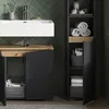A modern bathroom vanity with a white sink and wooden countertop, featuring dark gray cabinets and a tall storage unit filled with towels and toiletries. Náhled obrázku produktu