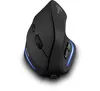 A black vertical mouse with blue LED accents is shown against a white background. Produktbild-Vorschau