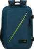 A studio shot of a blue backpack with a green stripe. Produktbild-Vorschau
