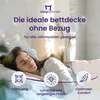 A woman sleeping peacefully in a bed, with marketing text and icons overlaid. Produktbild-Vorschau