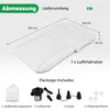 An infographic showing the dimensions of an inflatable car mattress and its included accessories. Voir les images du produit