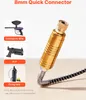A close-up of a gold quick connector with a black hose attached, next to images of a paintball air rifle, a PCP, and a diving tank. Podgląd zdjęcia produktu