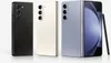 Three Samsung Galaxy Z Fold5 phones in different colors are displayed side-by-side, with one phone open and an S Pen stylus next to it. Produktbild-Vorschau