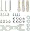 A collection of hardware components, including screws, wall anchors, washers, and a wrench, laid out on a white background. Náhled obrázku produktu