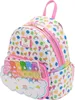 A white backpack with a colorful Care Bears and rainbow pattern, shown from a side angle. Produktbild-Vorschau