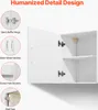 Close-up view of a white cabinet with open doors, showcasing its internal features and hardware, with accompanying text and circular callouts highlighting specific design elements. Podgląd zdjęcia produktu