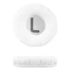 A white ear cushion for headphones, with a grey 'L' marking, shown from two angles: top view and side view. Produktbild-Vorschau