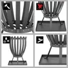 A collage of four images showing a black metal fire pit from different angles and with various icons indicating features. Produktbild-Vorschau