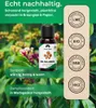 A bottle of essential oil is shown with surrounding foliage and marketing text and icons. Produktbild-Vorschau