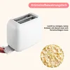 A white toaster with a crumb tray being pulled out, and a close-up of crumbs. Produktbild-Vorschau