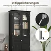 A black cabinet with glass doors, showing its interior and some decorative items. There are also inset images demonstrating safety features. Voir les images du produit