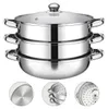 A stainless steel steamer pot with a glass lid, stacked in three layers. Three close-up circular insets show details of the pot's base, the stacked layers, and the perforated steamer insert. Produktbild-Vorschau