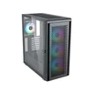 A black computer tower case with tempered glass side panel and RGB lighting on a white background. Náhľad obrázku produktu