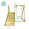 A diagram of a wooden Montessori play set with a slide, swing, and climbing ramp, showing dimensions and weight limit. Produktbild-Vorschau