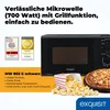 A black microwave oven is shown with popcorn and pizza, suggesting its use for snacks and meals. There are also award badges and descriptive text. Produktbild-Vorschau