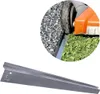 A close-up of a lawnmower wheel on grass and gravel, next to a metal lawn edge, and a separate image of the lawn edge. Produktbild-Vorschau