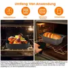 The image shows a collage of two scenes. The top part displays icons and text indicating the scope of application for a product. The bottom left shows a black baking pan with cooked chicken inside an oven. The bottom right shows a hand wearing a black oven Produktbild-Vorschau
