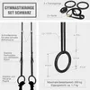 Diagram showing the features and dimensions of black gymnastics rings. Produktbild-Vorschau