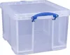 A transparent storage box with blue handles is shown against a white background. Voir les images du produit