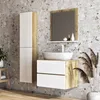 A modern bathroom vanity with a sink, mirror, and storage cabinets, set against a textured tile wall. Náhled obrázku produktu