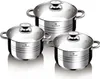A set of three stainless steel pots with glass lids, arranged in a studio setting against a white background. Produktbild-Vorschau