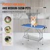 A dog grooming table with a dog on it, and images of different sized dogs on the side. Náhled obrázku produktu