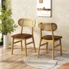 Two dining chairs with rattan backs and faux leather seats are placed in a room with a plant and artwork on the wall. Voir les images du produit